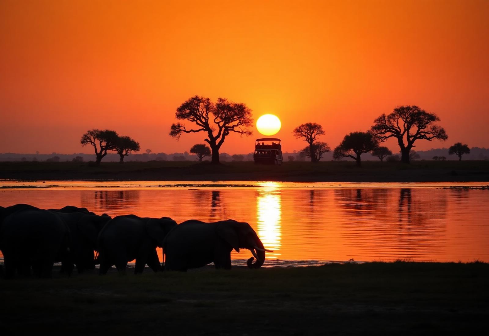 Elephants at the water's edge of the Chobe River at sunset