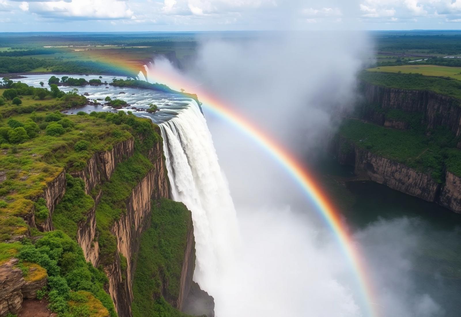 Victoria Falls with a rainbow arcing through the mist